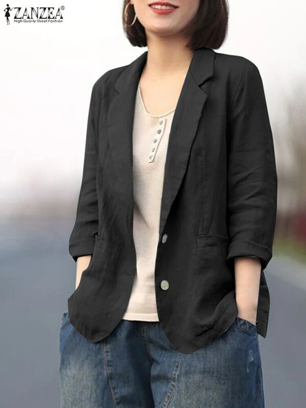 ZANZEA-Camisa de manga comprida com lapela feminina, blazer de trabalho, jaquetas com botões vintage, outwear cor sólida, moda elegante feminina, 2023