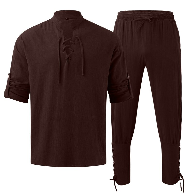 Мужской повседневный костюм из 2 предметов, рубашка и брюки из хлопка и льна с длинными рукавами, винтажные штаны с наклонной планкой, осень 2023