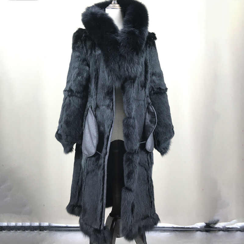 Женское пальто из натурального кроличьего меха с воротником из лисьего меха и подкладкой из кроличьего меха, новый стиль 2023 года, Осень-зима B230621