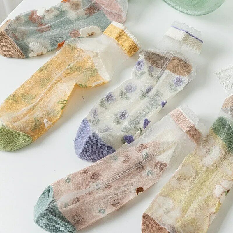 Calcetines transpirables de seda de cristal para mujer, medias con flores bordadas, Fondo de algodón, G113
