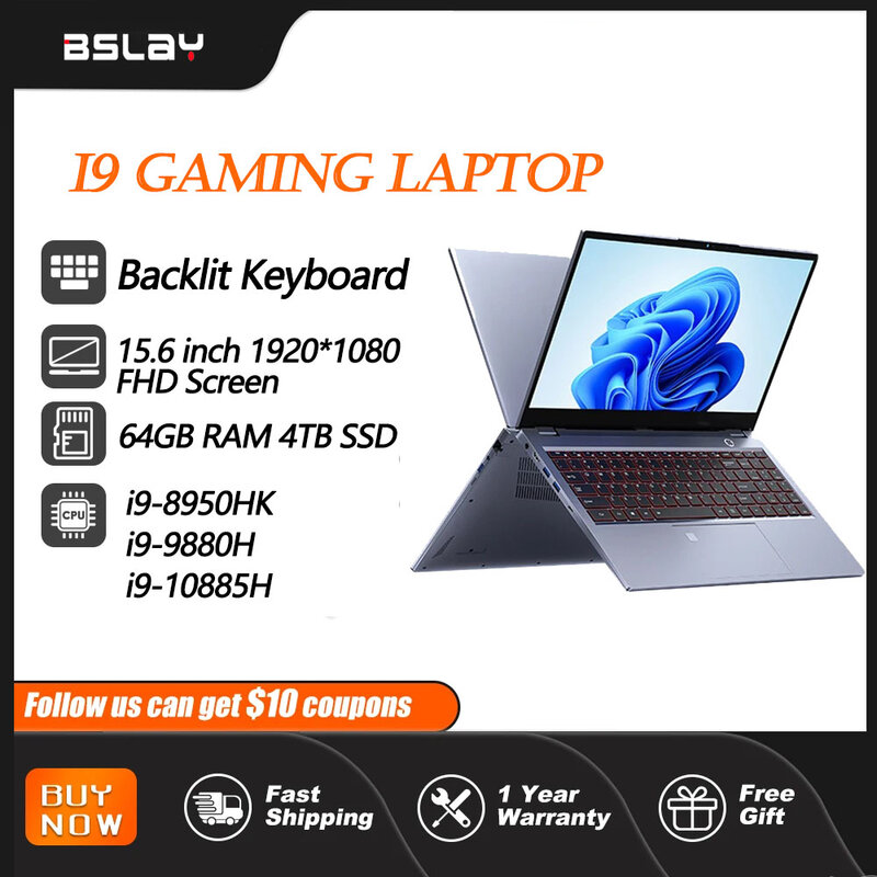 i9 Laptop 15.6 Inch Core i9-8950HK/9880H/10980H Gen Processor 64GB RAM 4TB SSD Windows 11 Gaming Laptop Notebook Portable Laptop