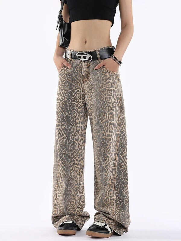 Jeans folgados de leopardo feminino com estampa de cintura alta, calça jeans estilo coreano retrô de perna larga, casual, Y2K
