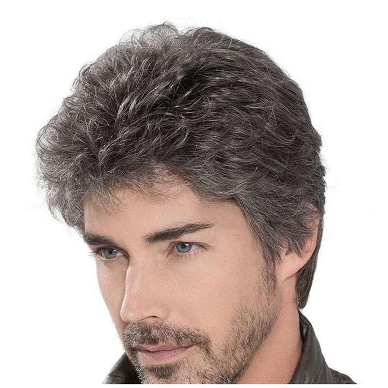 Peruki męskie krótkie męskie Grey peruka warstwowe naturalne włosy kostium Halloween żaroodporne peruki syntetyczne dla mężczyzn, trwałe