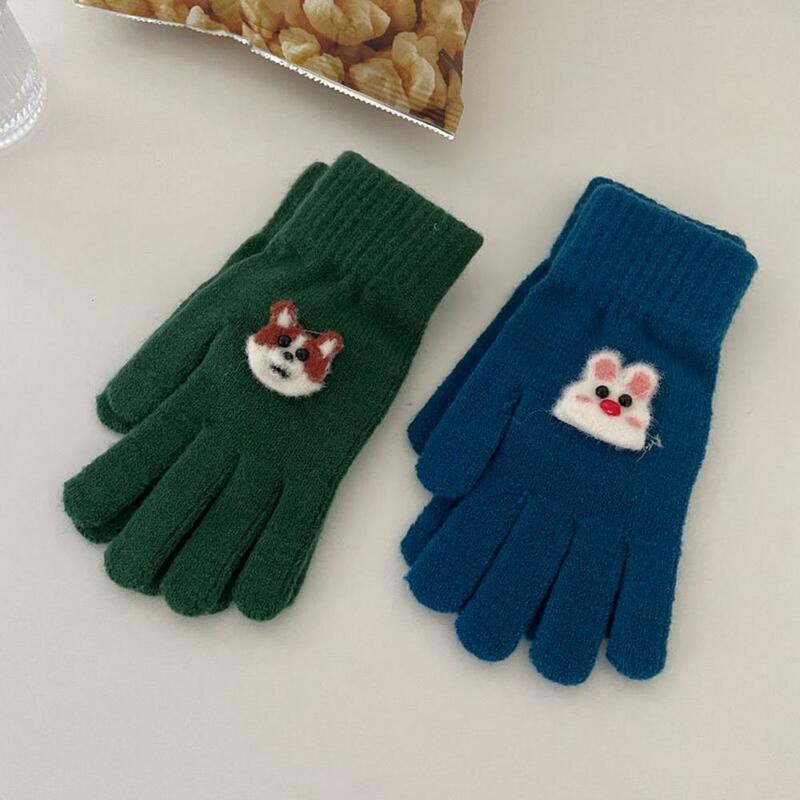 Теплые перчатки для хранения, женские зимние перчатки с мультяшной вышивкой животных, вязаные плотные теплые мягкие эластичные ветрозащитные перчатки с пятью пальцами