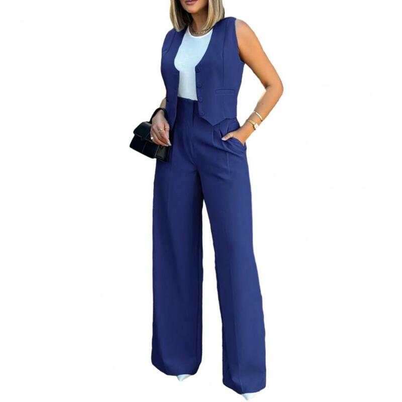 Women Wide Leg Pants With Sleeveless Vest Solid Color High Waist Elegant Lady Baggy Pants Set Casual Streetwear