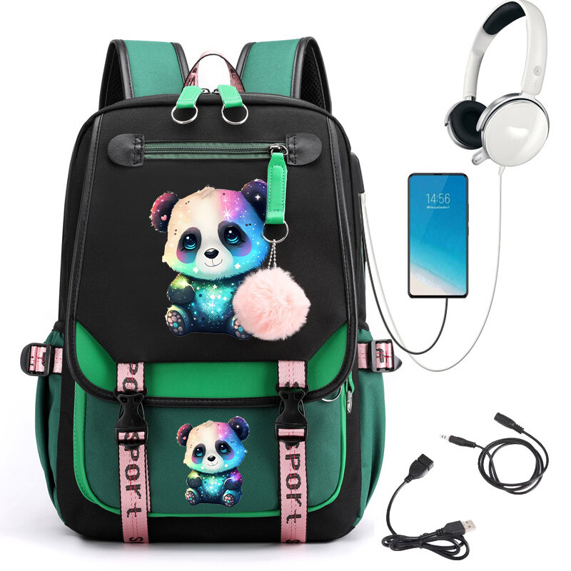 초등 중등 학교 배낭 다채로운 팬더 애니메이션 학교 가방, USB 충전 백팩, 십대 소녀 백팩, 카와이 책가방