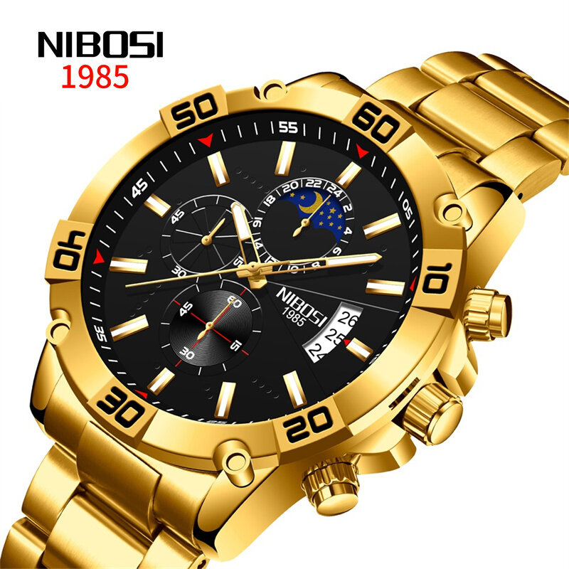 NIBOSI 남성용 패션 시계, 럭셔리 오리지널 클래식 쿼츠 시계, 아날로그 크로노그래프 스포츠 방수 스틸 골드 손목시계