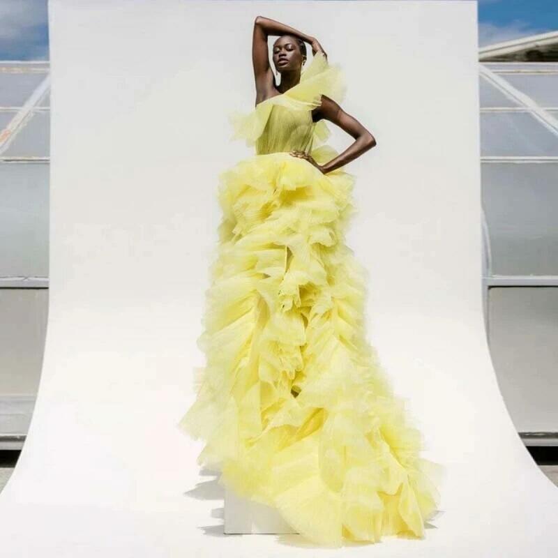 Formal Occasion Dresses One Shoulder High Slit Prom Party Dress Yellow Long Formal Occasion Dresses Pleated Tulle