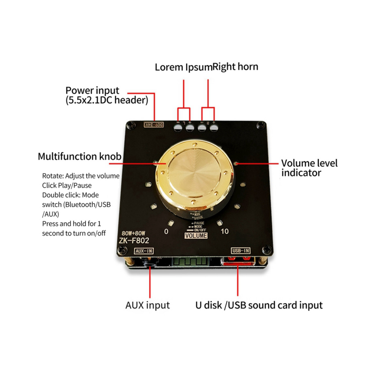 Bluetooth Power Amplifier Board, 80W, 2.0Channel, Proteção contra curto-circuito para Sound Box, ZK-F802 5.1