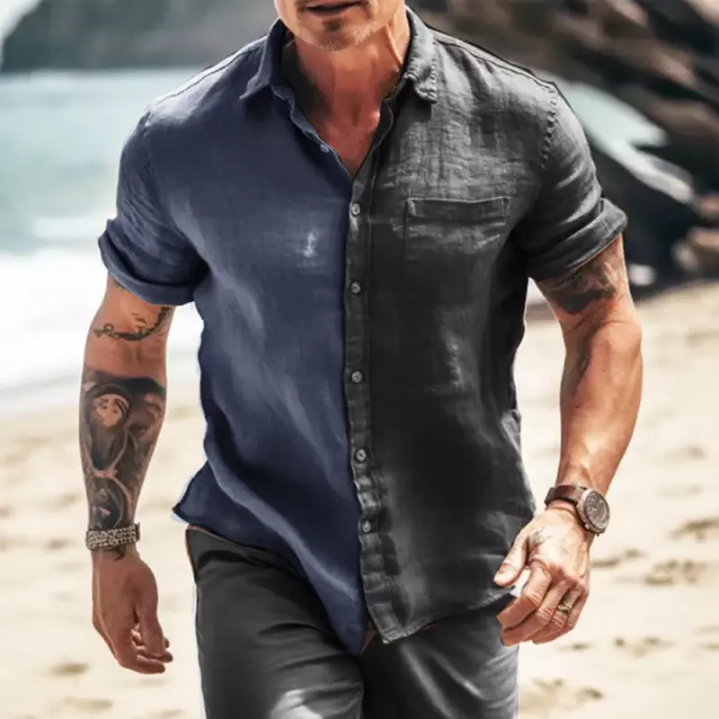 Рубашка мужская свободного покроя, повседневная одежда в стиле пэчворк, с контрастными пуговицами, с воротником с лацканами, винтажный топ с коротким рукавом, весна-лето 2024