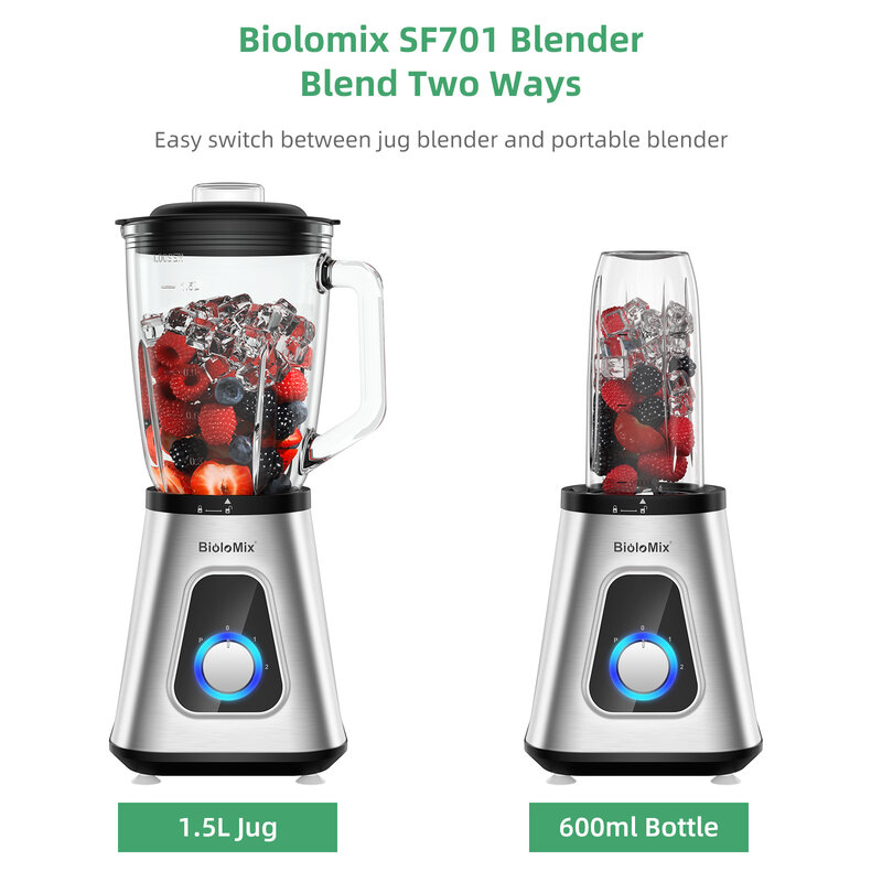 BioloMix frullatore da 1300W con barattolo di vetro da 1,5 litri, frullatori personali combinati per bevande alla frutta congelata, salse