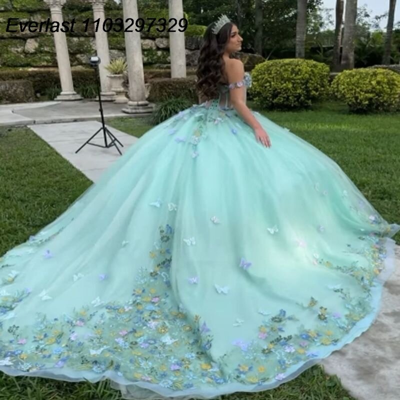 EVLAST 2024 verde menta abito Quinceanera abito da ballo 3D farfalla Applique corsetto di perline messico dolce 16 Vestido De 15 Anos TQD546