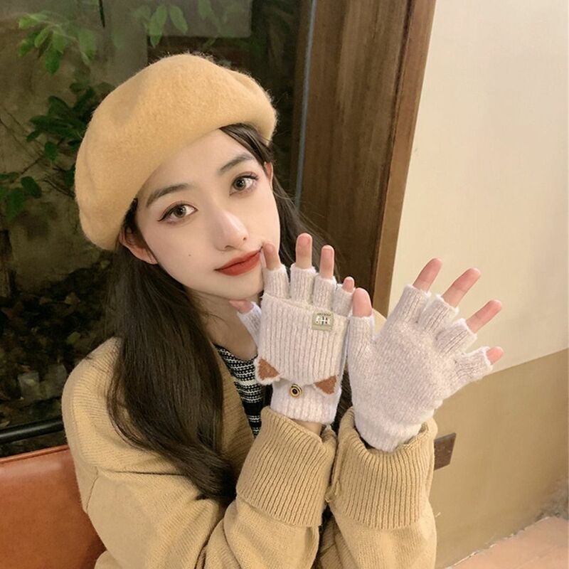 Sarung tangan rajut telinga kucing imut musim dingin sarung tangan setengah jari wanita modis sarung tangan lembut hangat sarung tangan mewah tanpa jari pelajar