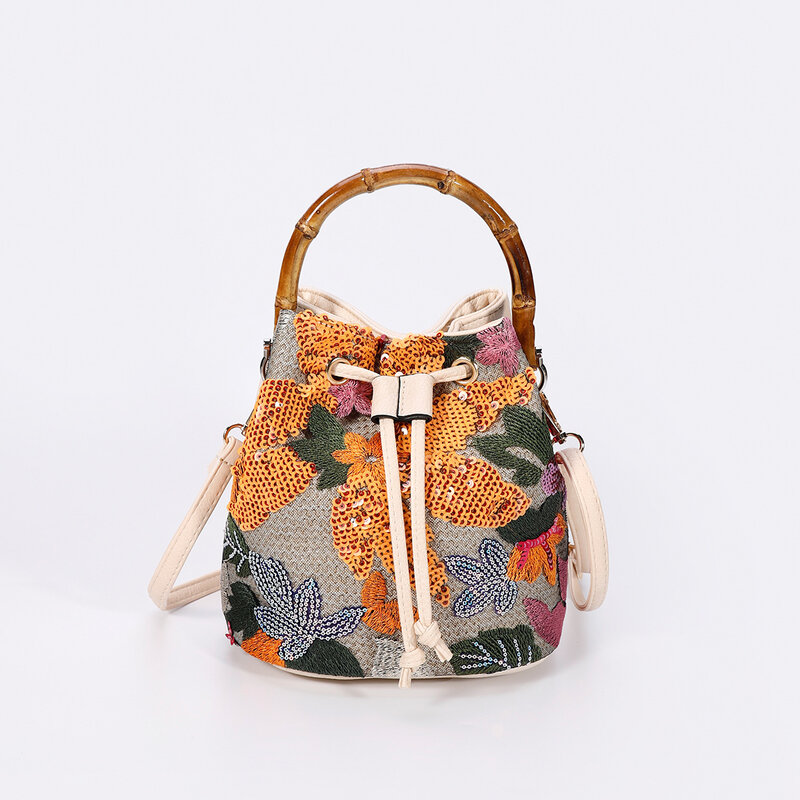 Fashion Sequin Embroidery Bucket Bags Baboom Handle Women Handbags Flower Straw Shoulder Crossbody Bags Sumer Beach Tote Bag