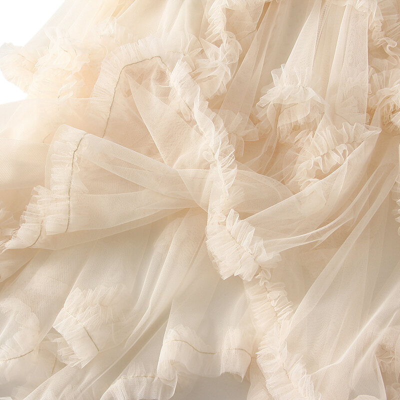 레이어드 튤 드레스 하이 웨이스트 솔리드 컬러 프릴 트림 러플 대형 스윙 퍼프 페어리 거즈 드레스, 숙녀용 가을 패션