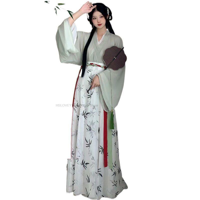 Gaun Hanfu wanita antik gaya Tiongkok Set gaun tari rakyat Hanfu peri desain bambu tradisional