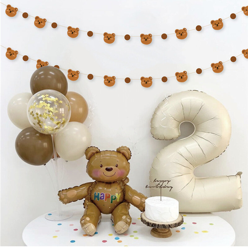 Globos de fiesta de cumpleaños de oso de peluche para niños, pancarta de papel, guirnalda, adornos para pasteles, Baby Shower, primer cumpleaños, suministros de decoración