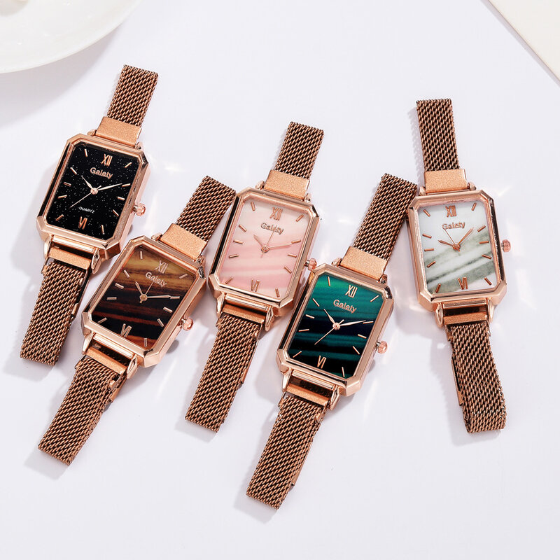 Relógio de quartzo quadrado simples para mulheres, relógios femininos, mostrador verde, conjunto de pulseiras, malha de ouro rosa, moda feminina, XFCS