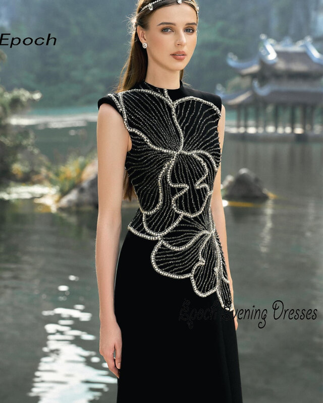 Epoch Luxe Avondjurk فساتين السهرة 2024 Nieuwe Arabia Elegante Kristallen O-hals Rechte Vrouwen Sexy Zwarte Cocktail Prom Gown