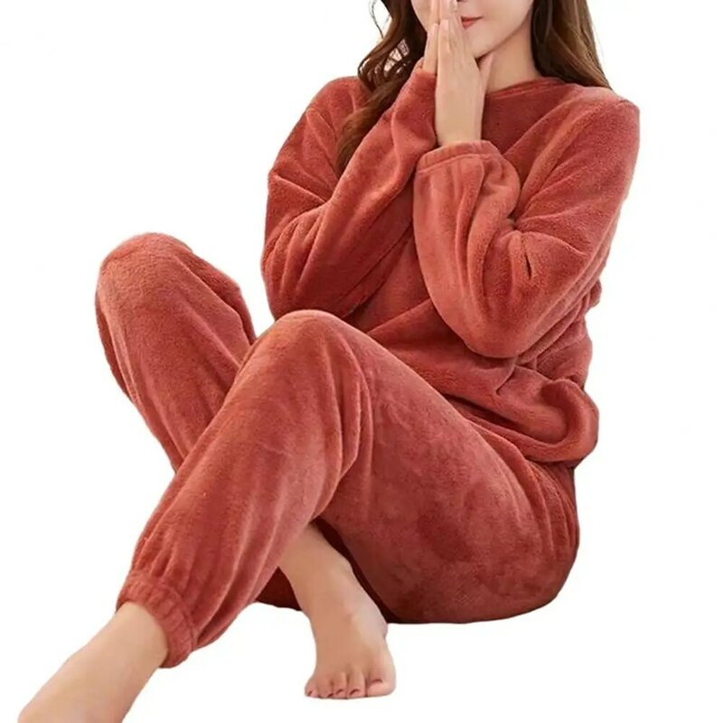 Conjunto de pijamas de invierno para mujer, ropa de dormir de felpa gruesa, Color sólido, cintura elástica, 2 piezas