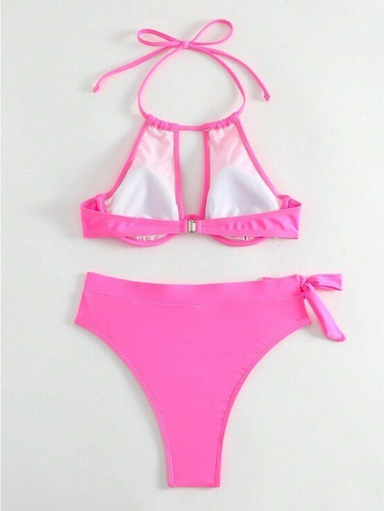 Женский сексуальный комплект бикини с высокой горловиной, женский купальник, пляжный купальник с высокой талией, костюм из двух предметов, пляжная одежда, бикини розового цвета