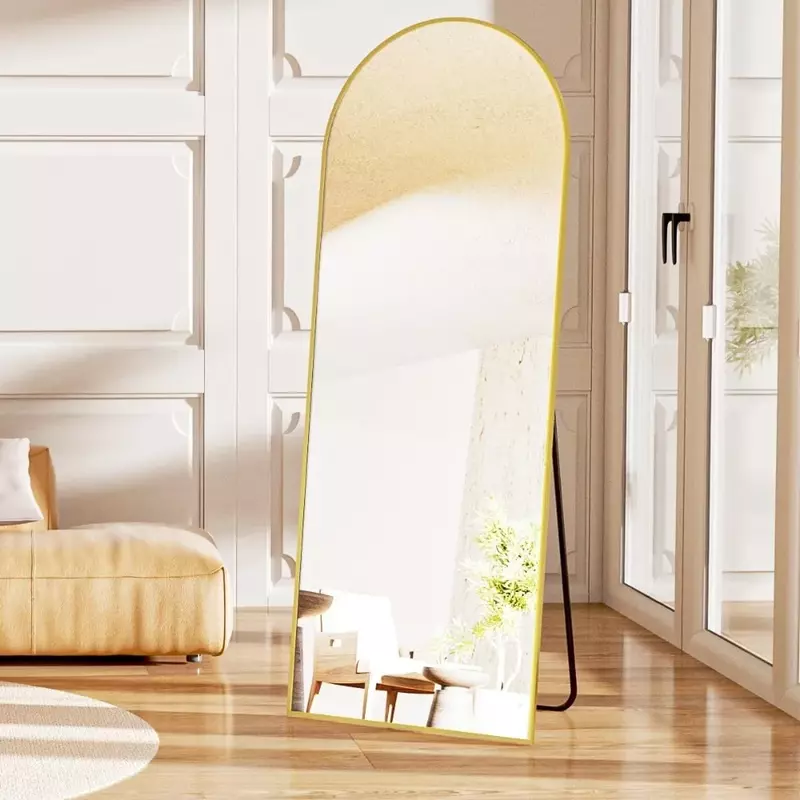 Espejo de arco de longitud completa, espejos de piso con soporte, cuerpo completo de aleación, colgante inclinado contra la pared para dormitorio y sala de estar, dorado