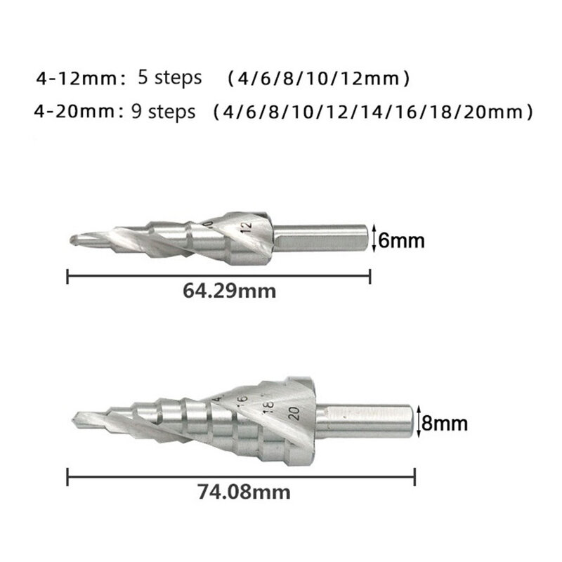 Broca Spiral Flute Step, Haste Triangular, Peças para Ferramentas Elétricas de Prata, Acessórios, 1Pc, 4-12, 4-20mm