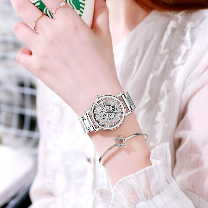 New Fashion Women Hollow Skeleton Faux Mechanical Watch Ladies Stainless Steel Quartz Wrist Watches For Female Relogio Feminino