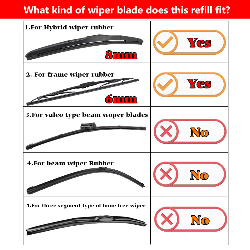 KAWOO 1pcs Car Windscreen Wiper Blade Insert Rubber Strip (Refill) 8mm/6mm Soft 14"16"17"18"19"20"21"22"24"26"28" Accessories