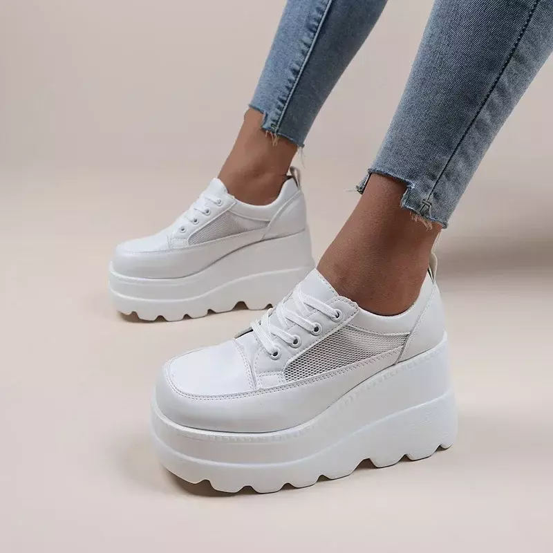 Zapatillas de deporte de cuña blanca para Mujer, zapatos de plataforma transpirables huecos, zapatos de tacón de plataforma gruesa, zapatos de tacón