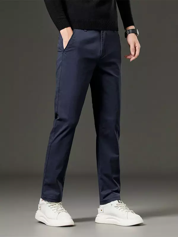 Pantalones informales de pierna recta para hombre, pantalones elásticos de tiro medio, sin pelusas, versátiles y cómodos, 2024