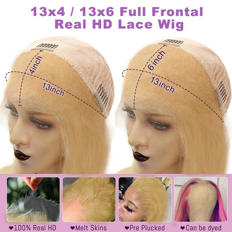 27 Honey Blonde 13x6 HD Lace Frontal Wig Human Hair Real HD Lace Pre Plucked 13x4 Body Wave 250 Density 27# Colored Wig 32 34In