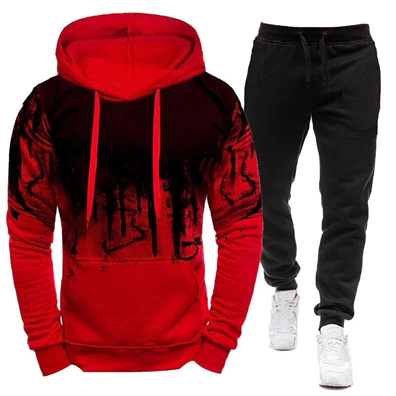 Men's clothing fashion hooded sportswear jogging suit splashed ink hooded sportswear suit hooded+sports pants sportswear