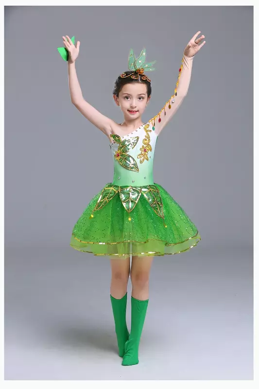 sukienka do tańca małego drzewa kostium wydajności kostium dziecięcy w kształcie liścia kolekcjonerskie ubrania sceniczne kostium taneczny z cekinami
