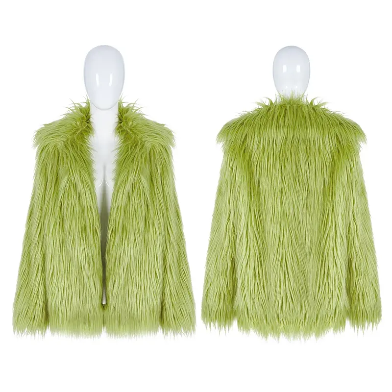 Prosty PUNK Punk RAVE płaszcz z imitacją futra wełniany materiał utrzymuje ciepło ze sztucznego fluorescencyjny zielony i czarne kolory ubrania