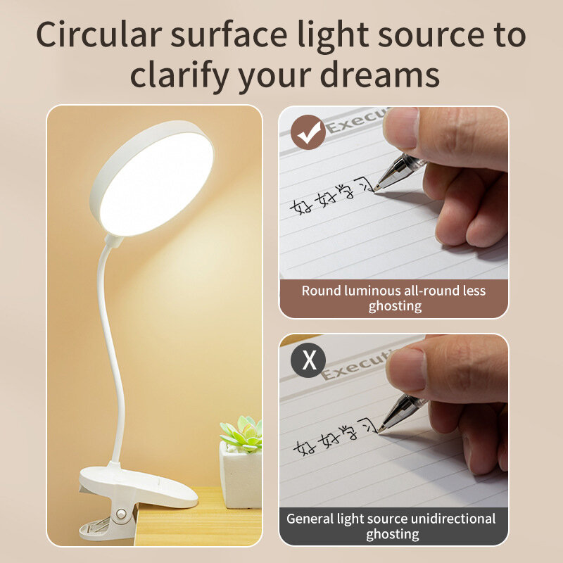 USB Recarregável Desk Lamp com Clip, Bed Reading, Book Night Light, LED Touch, 3 modos de escurecimento, proteção ocular