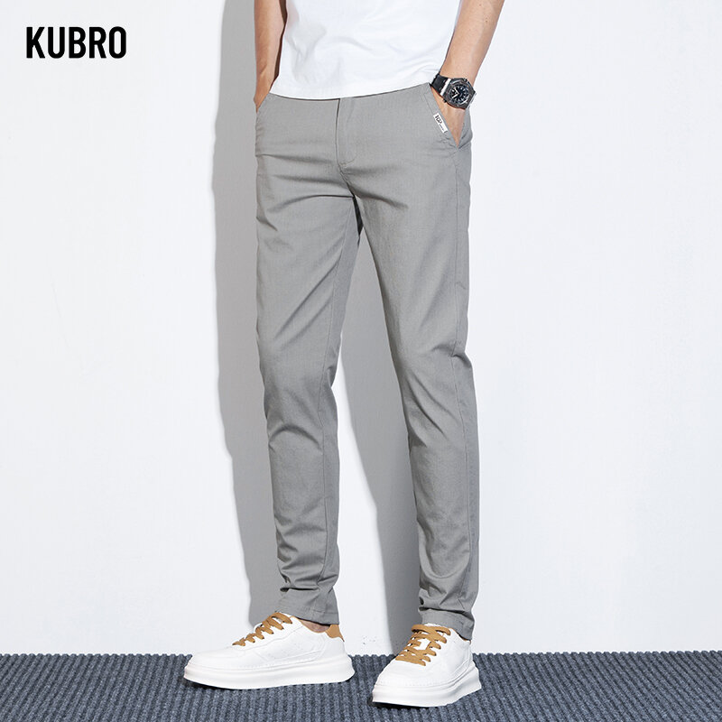 Kubro กางเกงลำลองขาตรงผ้าบางสำหรับผู้ชาย, กางเกงใส่ทำงานขายาวพอดีตัวทำจากผ้าไหมน้ำแข็งสำหรับ MODE Korea ฤดูร้อน