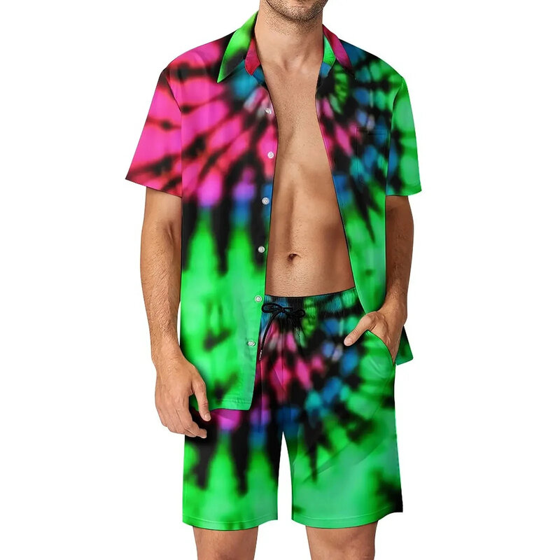 Spiral Tie Dye camisa e shorts terno para homens, camisa de praia vintage de grandes dimensões, streetwear havaiano de férias, impressão 3D, 2 peças