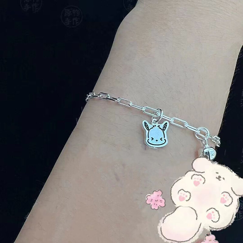 Anime Sanrio Pochacco pulseira para mulheres e meninas, corrente cor prata, doce presente da jóia, desenhos animados bonitos