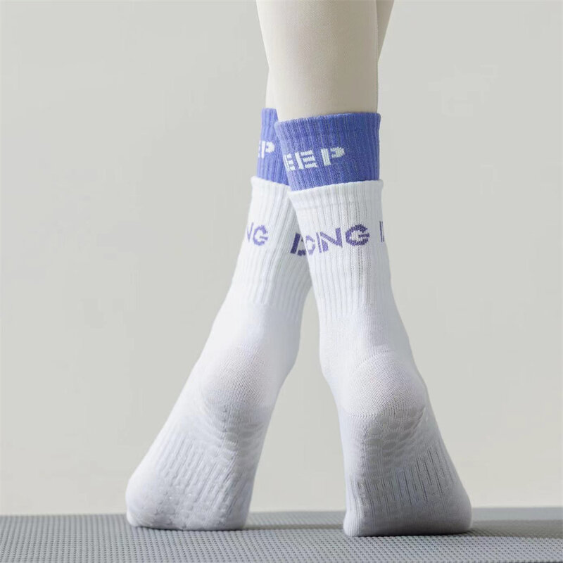 Kaus kaki Yoga isi 1 pasang, kaus kaki Fitness Gym setengah tabung bahan katun antiselip silikon Pilates Dance semua musim