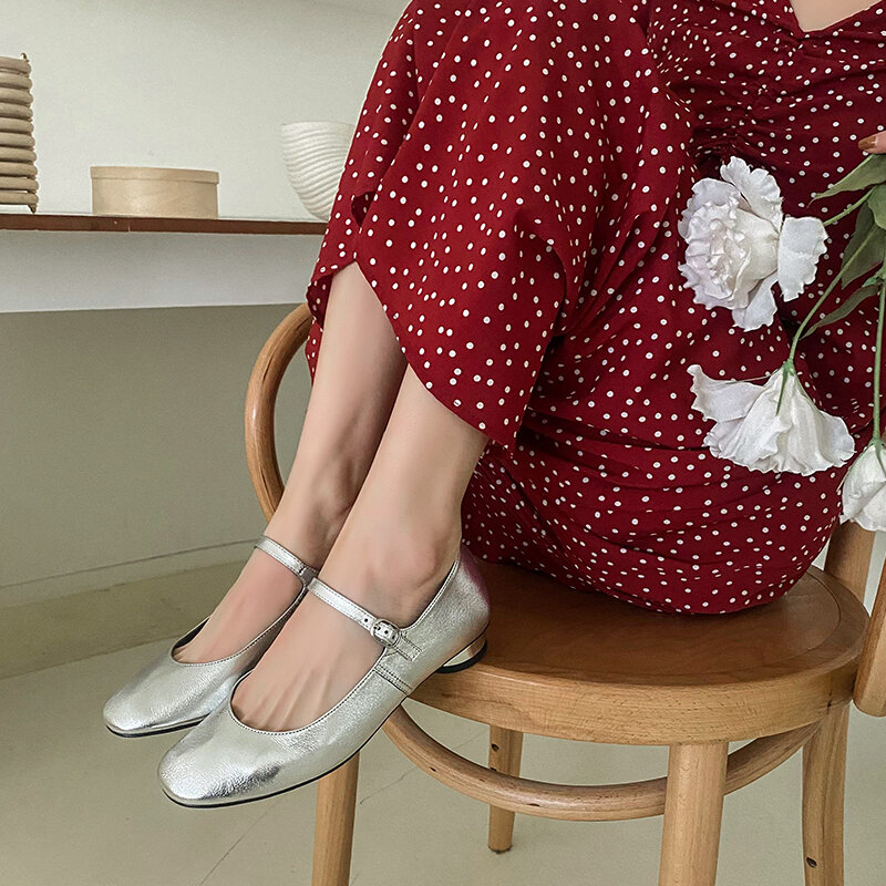 2022ใหม่ผู้หญิงปั๊มหนังธรรมชาติ22-24.5ซม.Cowhide ด้านบน Super Soft Square Toe Mary Jane รองเท้าหนังรองเท้าทอง