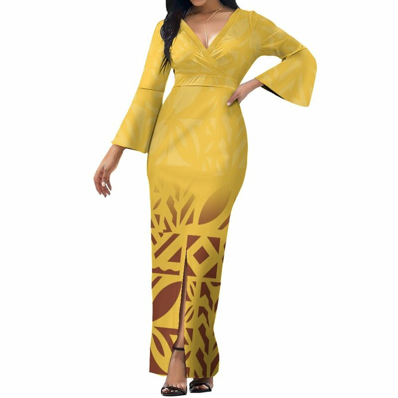 2024 New Custom Polynesian Pattern Printed Women'S Dress V-Neck Temperament Sexy Split Close-Fitting Long Skirt Tribal Clothing