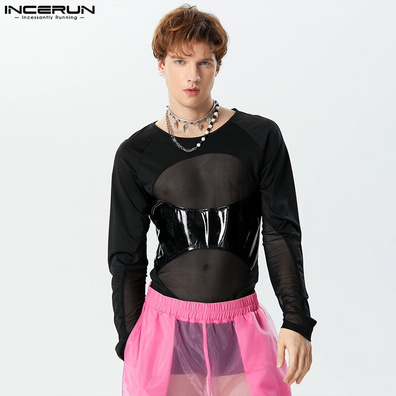 INCERUN 2023 сексуальный стиль Мужская домашняя одежда сетчатые комбинированные Прозрачные Комбинезоны повседневные стильные треугольные боди с длинным рукавом