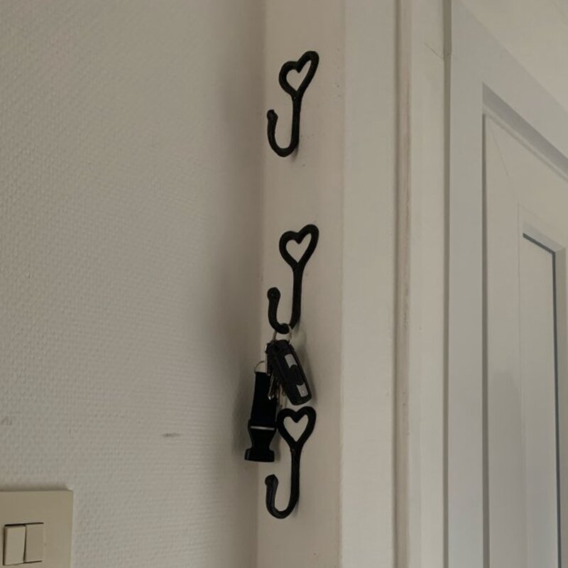 4Pcs Iron Decorative Vintage Hat Bedroom Home Wall Mounted Holder Black Hanger Heart Shape Coat Storage Hook Door