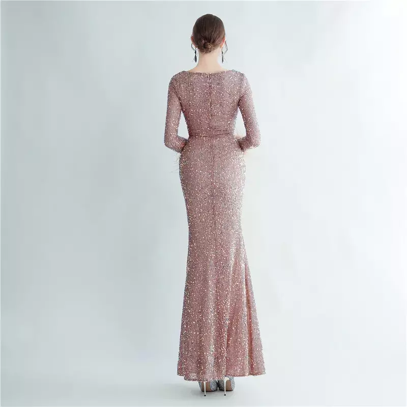 Женское блестящее платье макси Sladuo, длинное вечернее платье с длинным рукавом и перьями, V-образным вырезом и высоким разрезом, коктейльное длинное платье с блестками