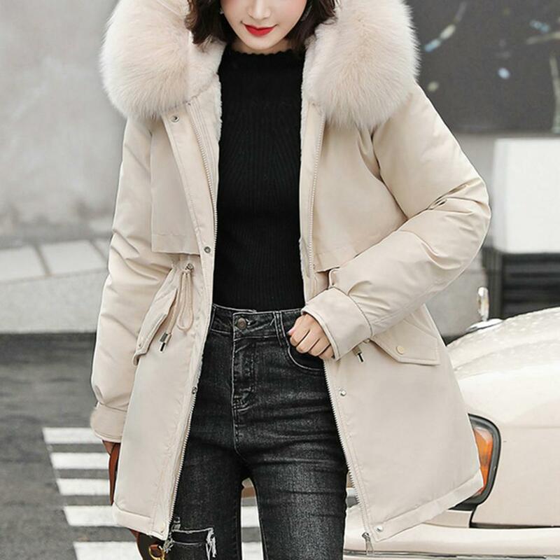 Jaket panjang bertudung untuk wanita, jaket mantel hangat bertudung dengan kerah bulu palsu, mantel wol panjang musim gugur dan dingin