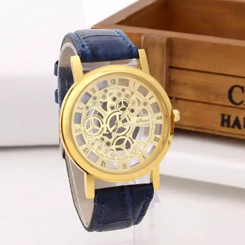 ใหม่แฟชั่น Hollow นาฬิกาผู้ชายทองนาฬิกา Roma Dial Band หนังนาฬิกาข้อมือควอตซ์ราคาถูก Dropshipping Reloj Hombre