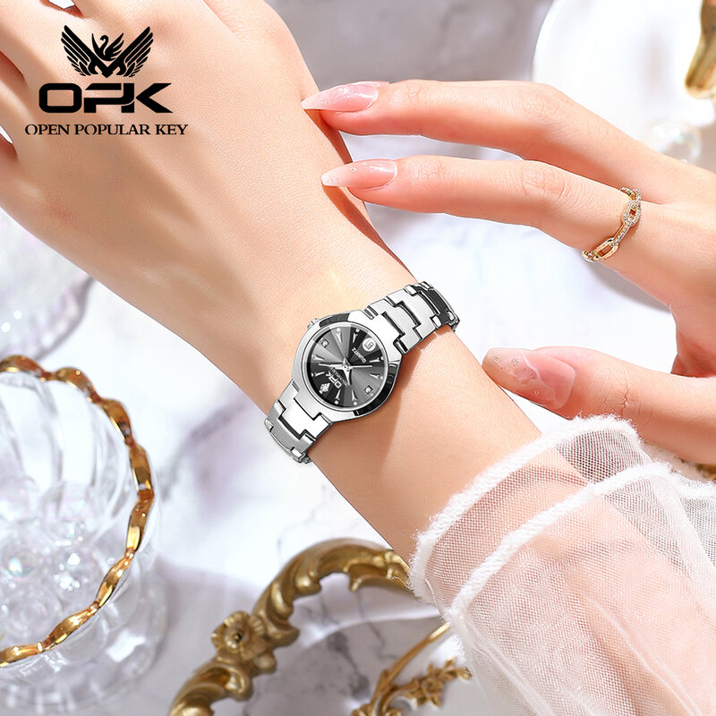 OPK-Relógio de pulso de aço inoxidável para mulheres e homens, relógio de casal, impermeável, luminoso, calendário, original, quartzo, 8105
