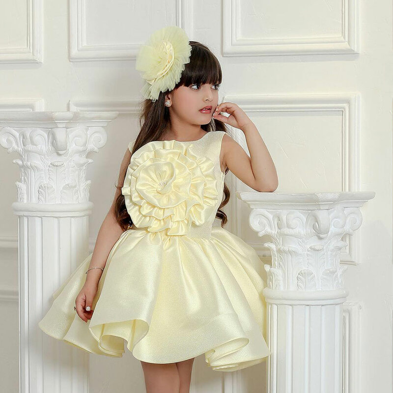 Jill Wish Elegant Arab Yellow Girl Dress Handmade Flowers Kids Princess Birthday Wedding Party Children Holiday Gown 2024 J186