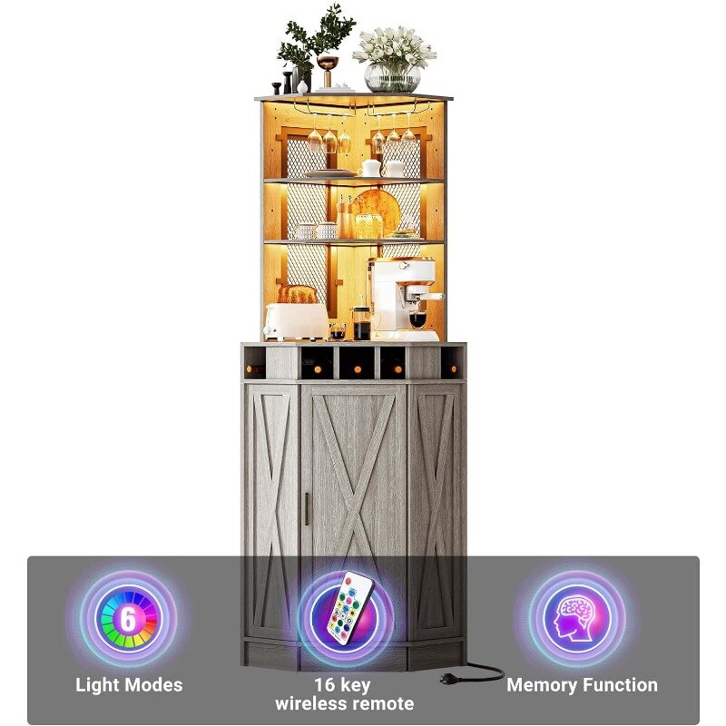 Hoher Bar-Eck schrank, 73.6 "Bauernhaus-Weinbar schrank mit 2 verstellbaren Regalen, Kaffee-Bar-Schrank mit LED-RGB